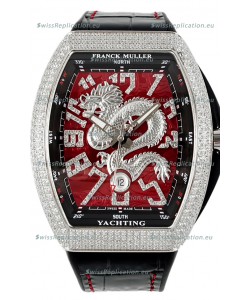 Franck Muller Vanguard Yachting Dragon V45 Red Dial in Rounded Diamonds Bezel Swiss Replica
