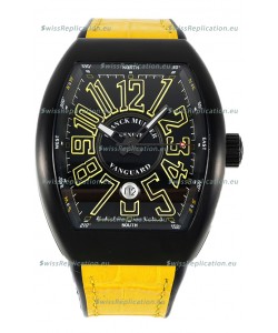 Franck Muller Vanguard in DLC Coated Casing Black Dial Swiss Replica Yellow Strap 