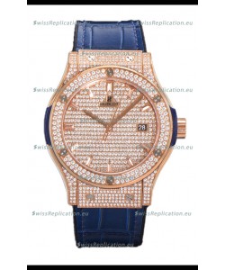 Hublot Classic Fusion Automatic Rose Gold Diamonds Paved Dial Blue Strap 42MM Superclone Replica Watch 