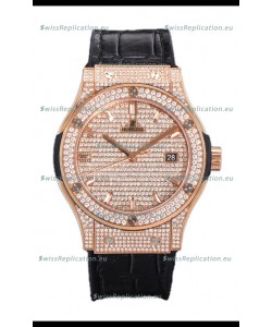 Hublot Classic Fusion Automatic Rose Gold Diamonds Paved Dial Grey Strap 42MM Superclone Replica Watch 