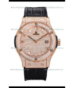 Hublot Classic Fusion Automatic Rose Gold Diamonds Paved Dial Black Strap 42MM Superclone Replica Watch 