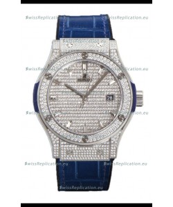 Hublot Classic Fusion Automatic Steel Diamonds Paved Dial Blue Strap 42MM Superclone Replica Watch 