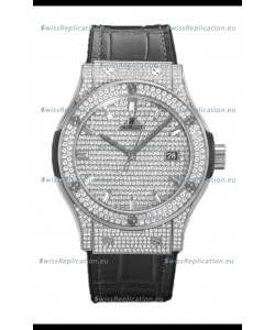 Hublot Classic Fusion Automatic Steel Diamonds Paved Dial Grey Strap 42MM Superclone Replica Watch 
