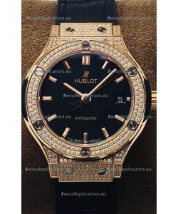 Hublot Classic Fusion Diamonds Rose Gold Black Dial 38MM Swiss Replica Watch 1:1 Mirror Quality
