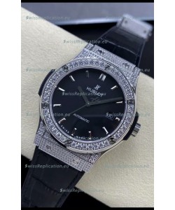 Hublot Classic Fusion Stainless Steel Diamonds Black Dial Swiss Replica Watch 1:1 Mirror Quality