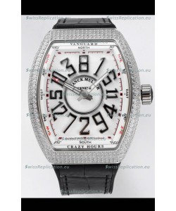 Franck Muller Vanguard Crazy Hours in Stainless Steel Diamonds - White Dial Swiss Replica Watch 