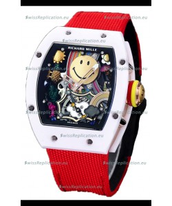 Richard Mille RM088 Smiley Tourbillon White Ceramic Casing Red Nylon Strap Replica Watch 