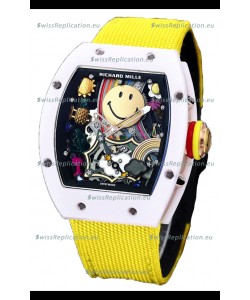 Richard Mille RM088 Smiley Tourbillon White Ceramic Casing Yellow Nylon Strap Replica Watch 