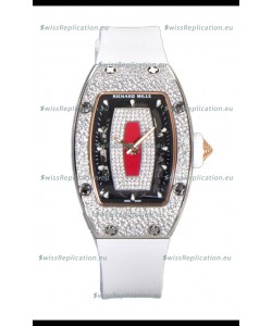 Richard Mille RM007 Diamonds Paved White Strap Red Dial 904L Steel Superclone Swiss Watch