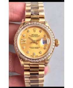 Rolex Datejust Ladies 28MM Cal.3135 Movement Swiss Replica in Gold Dial - 904L Steel Yellow Gold Case
