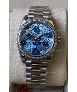 Rolex Datejust Ladies 31MM Cal.3135 Movement Swiss Replica Blue Motif Diamonds Bezel in 904L Steel Casing