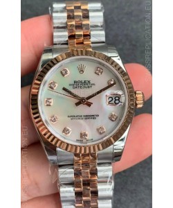 Rolex Datejust 31MM ETA-2671 Movement Swiss Replica in 904L Two Tone Rose Gold in Pearl Dial