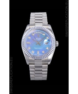 Rolex Day Date Watch in Blue Dial with Diamonds Hour Numerals ETA Movement - 904L Steel 