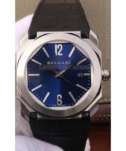 Bvlgari Octo Roma Edition 1:1 Mirror Replica in 904L Steel Casing - Deep Blue Dial Leather Strap