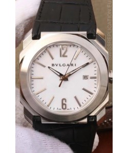 Bvlgari Octo Roma Edition 1:1 Mirror Replica in 904L Steel Casing - White Dial Leather Strap